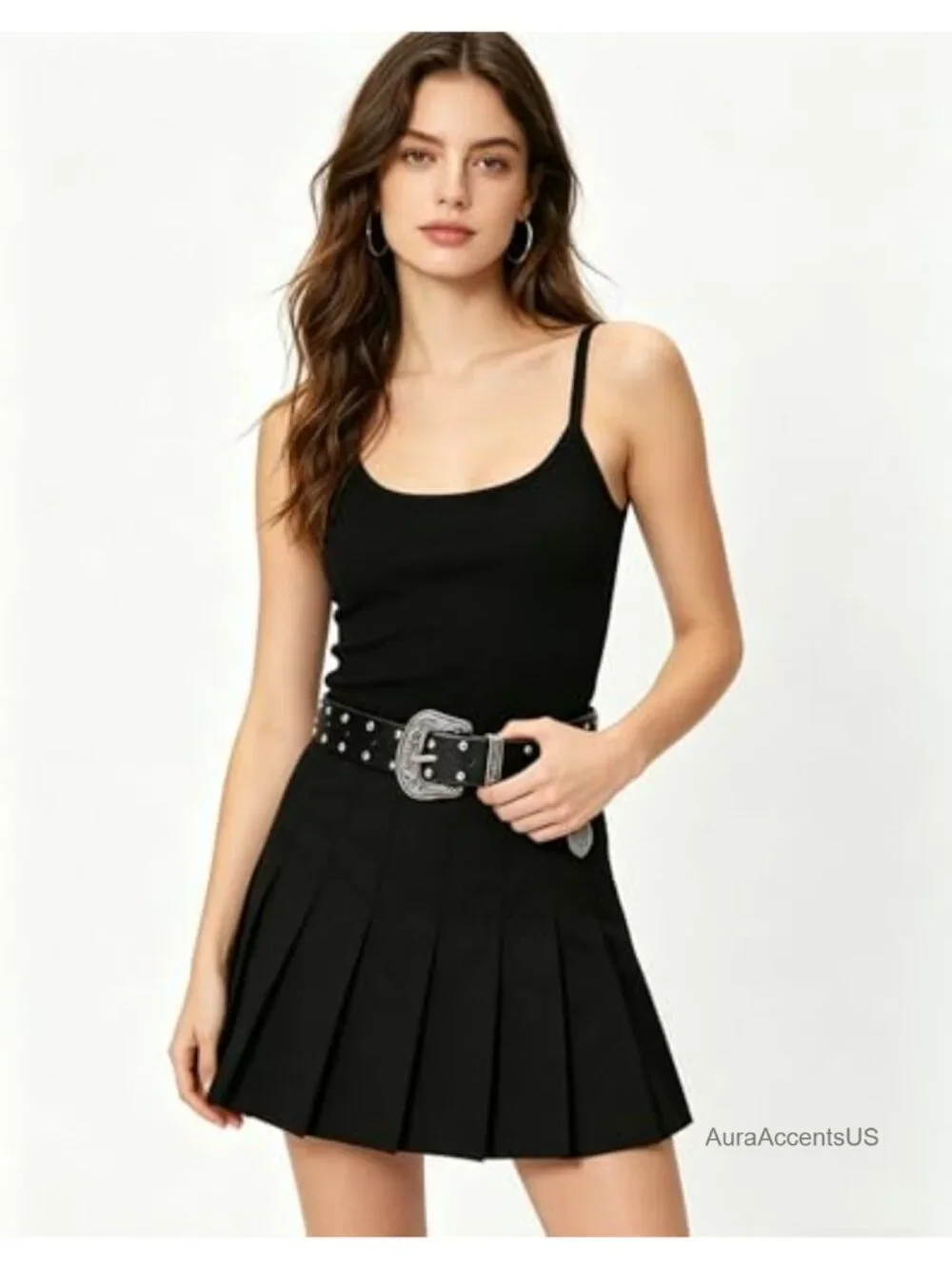Women PU Leather Western Belt Carved Buckle Rivet Belt